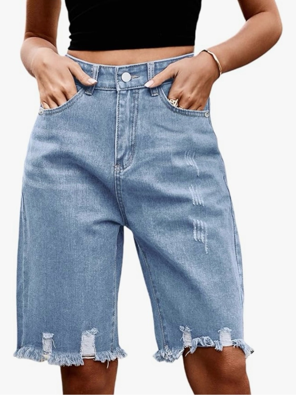 Light Blue Distressed Bermuda Jeans Shorts - Women's Casual Denim